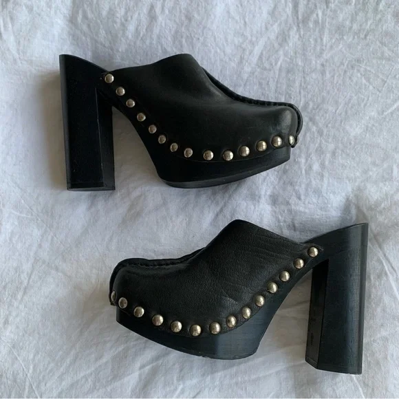 Vintage Miu Miu 1996 Leather Shearling Stud Clog Mule Heels Black - Picture 2 of 8